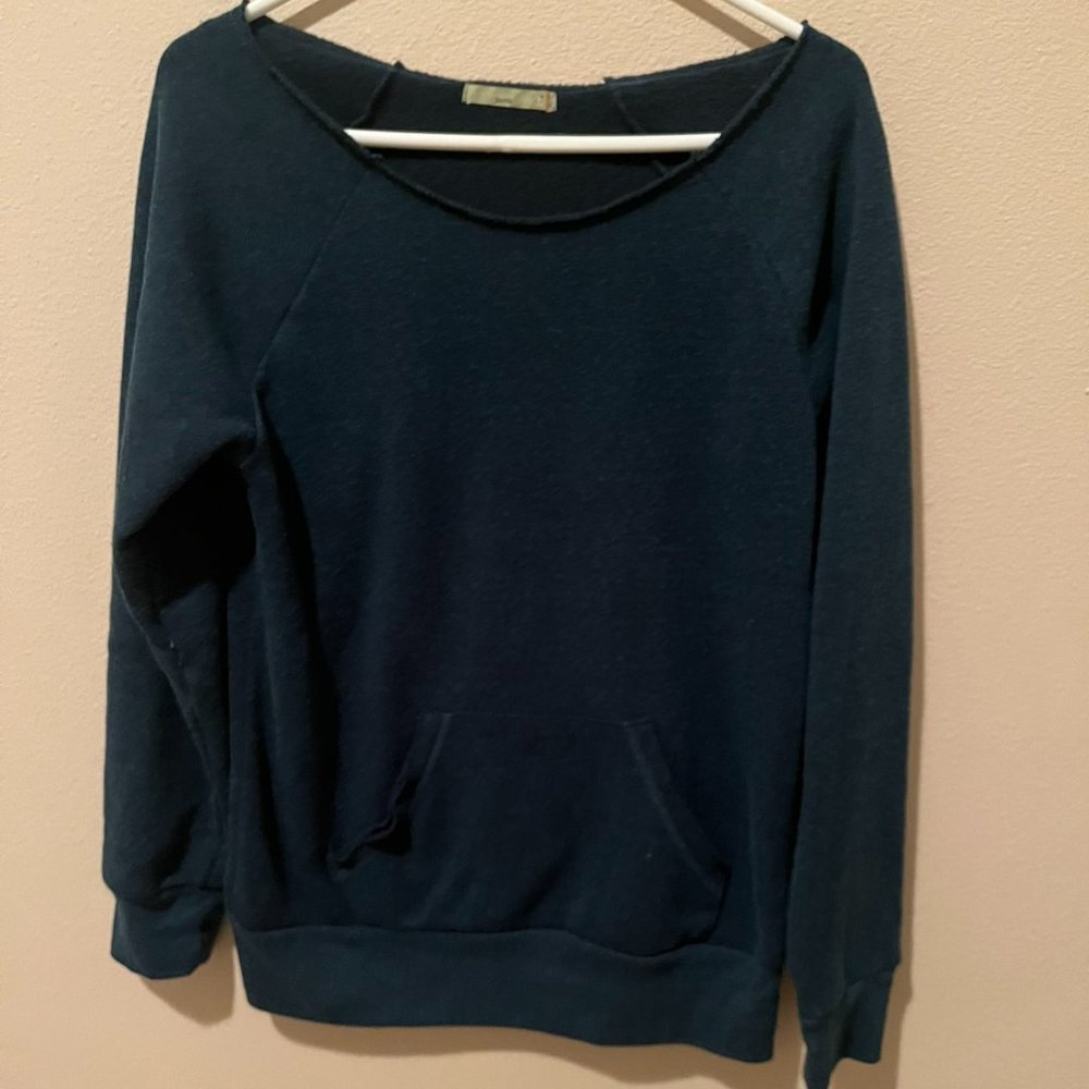 Alternative Earth Blue Sweatshirt Women Size L Raw Hem Collar Kangaroo Pocket